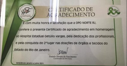 HEGV ocupa 2º lugar na doação de órgãos e tecidos do Estado do Rio de Janeiro