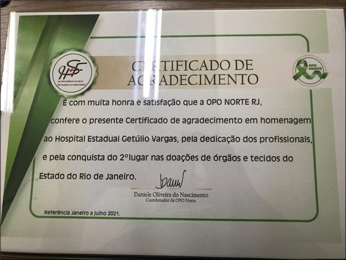 HEGV ocupa 2º lugar na doação de órgãos e tecidos do Estado do Rio de Janeiro